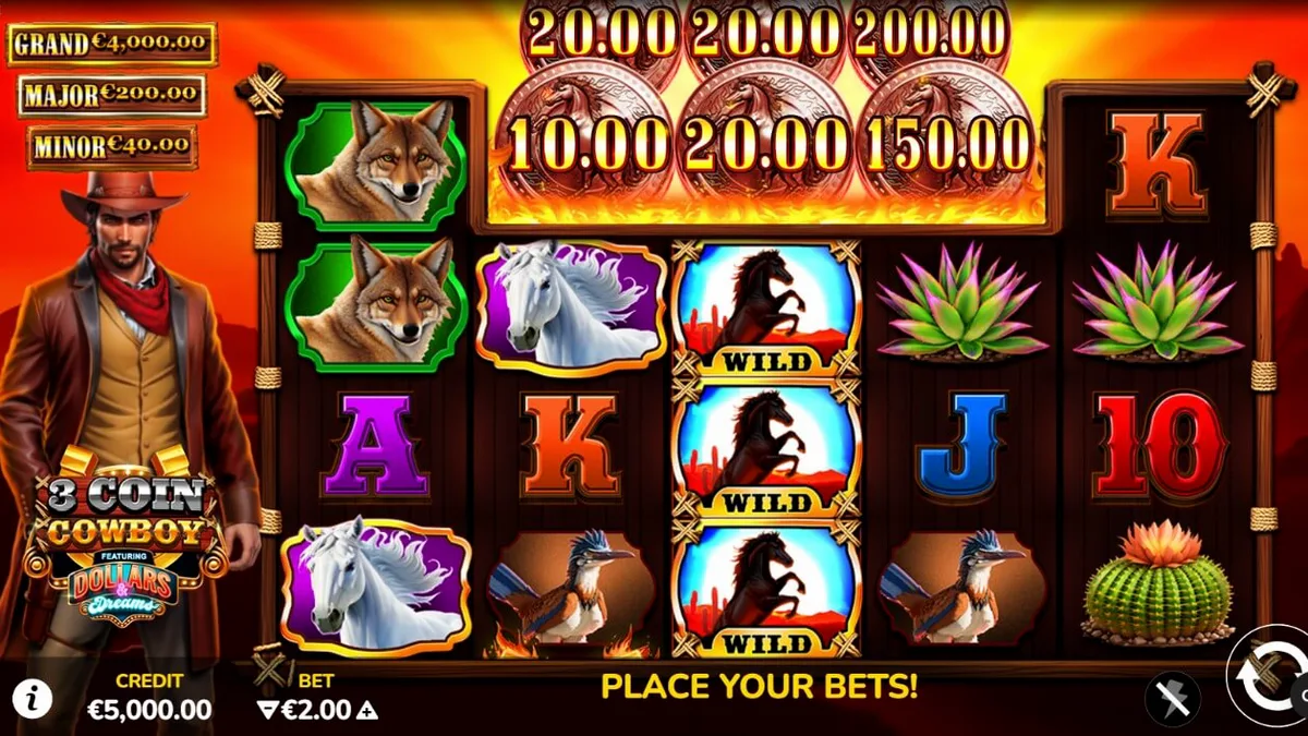 Interface do jogo de slot 3 Coin Cowboy Dollars & Dreams com temática de Velho Oeste
